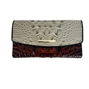 Brahmin Modern Bifold Wallet with Checkbook and Pen Brown Croc-Embossed Leather